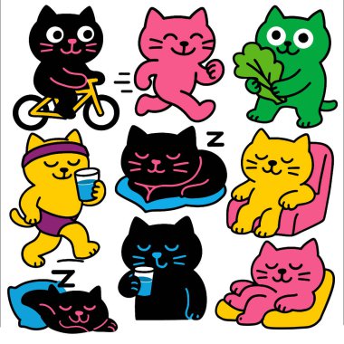 Siyah kedi bisiklete biniyor, pembe kedi koşuyor, yeşil kedi yaprak tutuyor, sarı kedi dinleniyor.