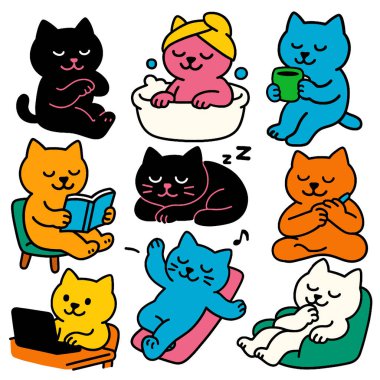 Şirin bir kedi çizgi filmi. Banyo yapıyor, içiyor, uyuyor, dinleniyor ve meditasyon yapıyor.