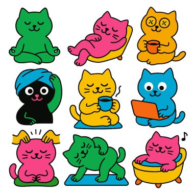 Renkli bir kedi çizimi, rahatlatıcı, meditasyon, çay içmek, çalışmak, banyo yapmak ve eğlenmek.