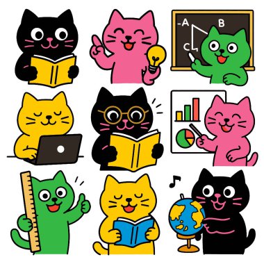 Çizgi film kedisi okuma, öğretme, dizüstü bilgisayar kullanma, dünyayı tutma ve sınıfta öğrenme.