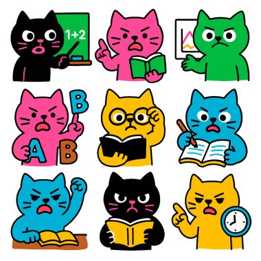 Çizgi film kedisi karakteri eğitimi. Okuma yazma öğrenme okulu duyguları.