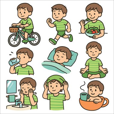 Sağlıklı bir çocuk bisiklet sürüyor, koşuyor salata yiyor, su içiyor, meditasyon yapıyor, yüzünü yıkıyor.