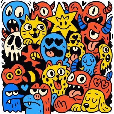 Mutlu kedi, köpek, canavar, yıldız, kafatası ve kalbin yer aldığı renkli bir karalama sanatı
