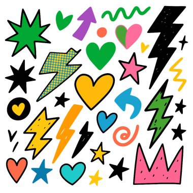 Kalpleri, yıldızları, yıldırımları ve beyaz arka plandaki okları içeren renkli karalama şekilleri