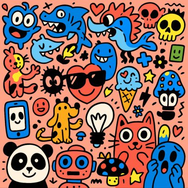 Bir çizgi film karakteri karalama karakteri, dondurma mantarı, eğlenceli renkli robot.