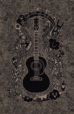 El çizimi Doodle akustik gitar, düz tasarım