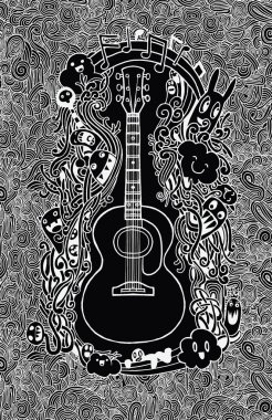 El çizimi Doodle akustik gitar, düz tasarım