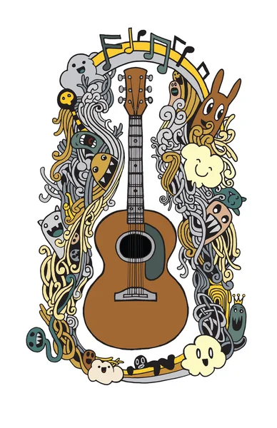 Hand tekening Doodle akoestische gitaar, platte ontwerp — Stockvector