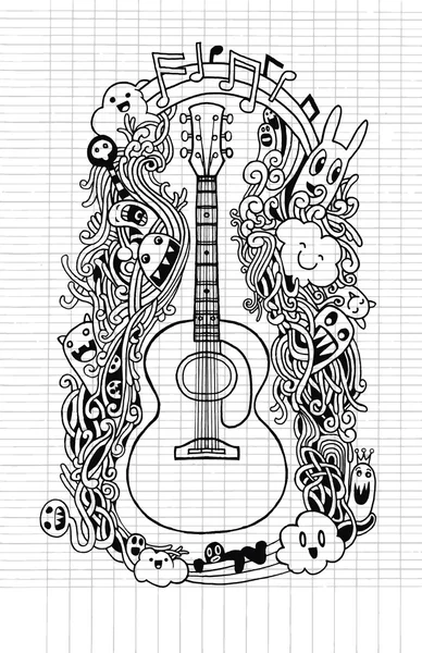 Dibujo a mano Guitarra acústica Doodle, Diseño plano — Vector de stock