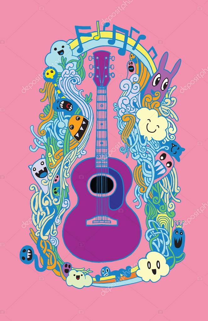 Hand drawing Doodle acoustic guitar,Flat Design — Stock Vector