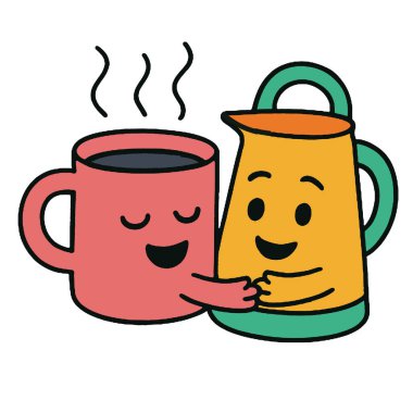 Mutlu bir kahve fincanı, gülümseyen bir çaydanlık, sevimli bir çizgi film, arkadaşlık, sarılma