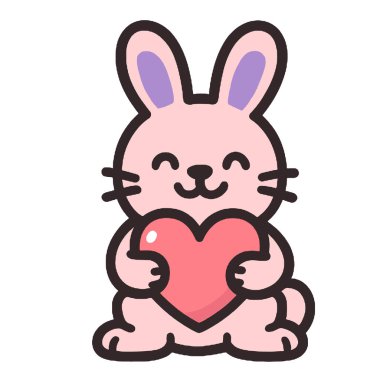 Sevimli bir tavşan kalbi çizgi filmi pembe tapılası bir tavşan kalbi tutuyor, mutlu bir aşk sembolü.