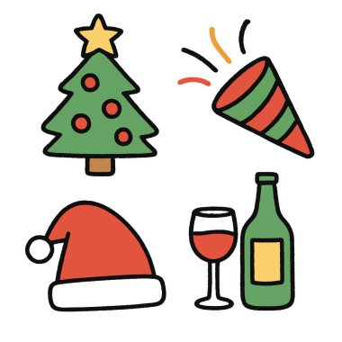 A christmas tree, party popper, santa hat, wine bottle, and glass illustration for festive