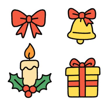 A red bow, yellow bell, candle with holly, and gift box with ribbon, festive christmas icons