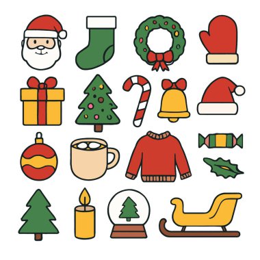 A christmas icon set santa stocking wreath mitten gift tree candy bell hat ornament mug sweater