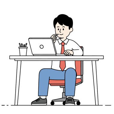 Çalışma masasında dizüstü bilgisayar, düşünme, ofis ortamı, profesyonel, odaklanmış bir işadamı