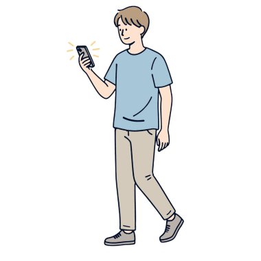 Genç bir adam yürürken gülümsüyor ve akıllı telefona bakıyor, günlük tarz, neşeli ruh hali.