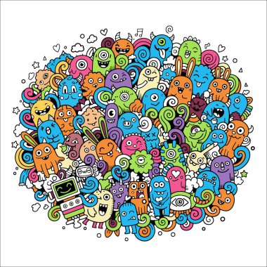 Renkli bir karalama canavar çizgi filmi, mutlu yaratıklar, el çizimi, oyuncu, kaprisli, eğlenceli, neşeli