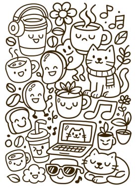 Bir kahve fincanı, kedi, dizüstü bilgisayar, çiçek, nota, fasulye, ve tatlı karalama tarzında bitki.