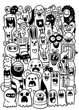 Çizgi film karalama canavarı siyah beyaz grup mutlu komik sevimli, oyuncu yaratıcı sanat