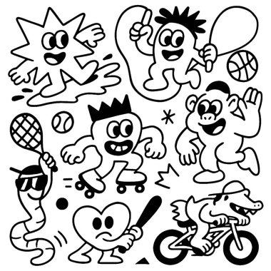 İzole edilmiş katmanlı çizgi film karakterleri tenis paten oynar ve ata biner.