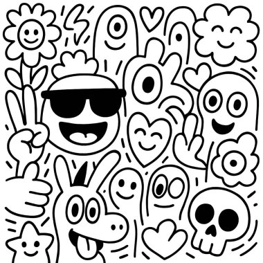 Mutlu çizgi filmin izole edilmiş bir çizgi film karakteri çiçek kafatası, kafatası, kalp ve hayalete bakıyor.