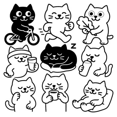 Şirin bir siyah beyaz kedi çizimi, neşeli, rahat, içki, uyku, egzersiz