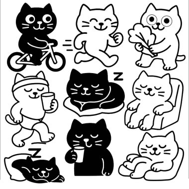 Şirin siyah beyaz kedi çizimi, bisiklet, koşu, rahatlama, içki, uyku.