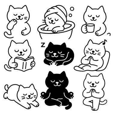 Şirin bir kedi çizimi, siyah beyaz, dinlendirici, meditasyon yapan, banyo yapan, uyuyan.