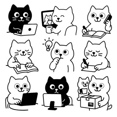 Bir kedi dizüstü bilgisayar telefon kulübesi ampulü şirin düşünerek çalışıyor.