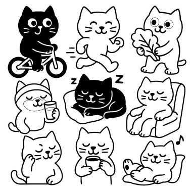 Şirin bir kedi çizgi film seti, siyah-beyaz, bisiklet sürmek, uyumak gibi çeşitli aktiviteleri gösteriyor.