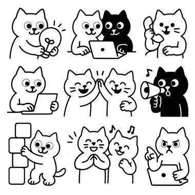 Kedi, takım çalışması, teknoloji, iletişim ve duygu siyah beyaz çizgi film tarzında.