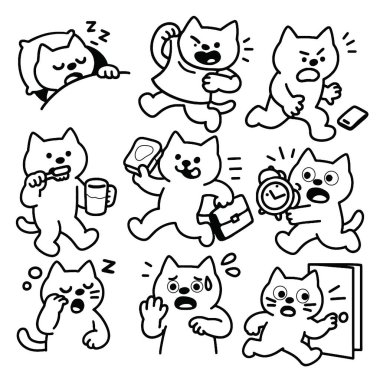 Bir kedi çizgi film sabah rutin duygu uyandırma fırça alarm kapısı çalıştırın