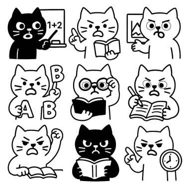 Bir siyah beyaz kedi çizgi filmi, öğretmen ve öğrenci, okuma, yazma, öğrenme, eğitim, duygu