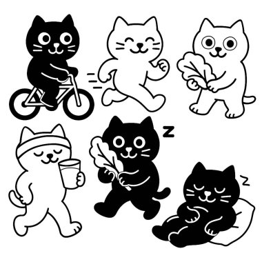 Şirin bir kedi çizgi film seti, bisiklet, koşu, yaprak tutma, içme suyu, dinlenme, uyku