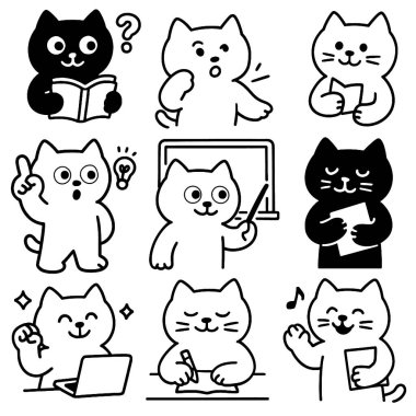 Bir çizgi film kedisi, mutlu bir sınıf yazmayı öğretirken siyah beyaz okuyor.