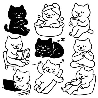 Şirin bir kedi resmi. Siyah beyaz. Banyo okuyor, uyuyor, çalışıyor.