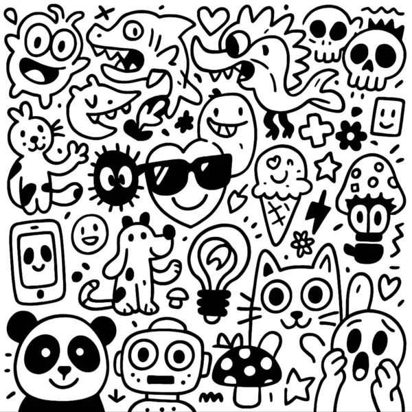 Sevimli karalama hayvanlarının, nesnelerin ve kafataslarının izole bir çizgi çizimi.