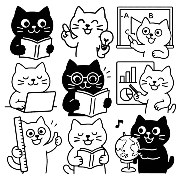 Çizgi film kedisi okuma, öğretme, dizüstü bilgisayar kullanma, cetvel, küre ve çizelge tutma, mutlu ruh hali.