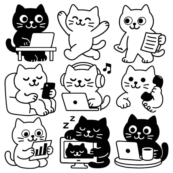 Şirin bir kedi çizimi, siyah beyaz, çalışıyor, dinleniyor, dizüstü bilgisayar, telefon ve içki kullanıyor.