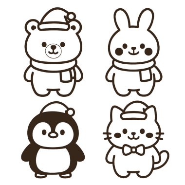 Ayı, tavşan, penguen ve kedi gibi kış aksesuarları takan sevimli bir hayvan karakteri.