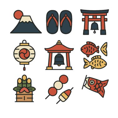Fuji Dağı, tapınak çanı, fener, balık, sandalet, şenlikli yeni yıl ikonları.