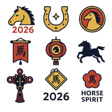 Bir at amblemi 2026 fener, at nalı ve şenlik çekiciliğiyle, enerjik ve şanslı