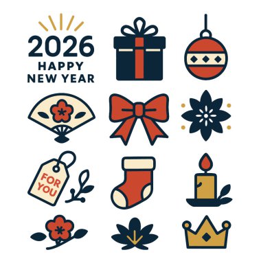 Mutlu bir 2026 Yeni Yıl hediyesi ikonları bayram yayı, süsü ve mumu ile