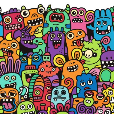 Renkli bir canavar karalaması, çizgi film yaratıkları, mutlu, oyuncu, el çizimi, kusursuz desen