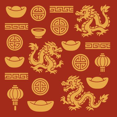 Ejderha altın desenli şanslı Çin Yeni Yıl neşesi şenlikli ejderha desenini doldurur.