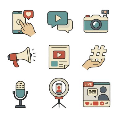 Kamera, mikrofon, hashtag ve canlı yayın ögelerine sahip bir sosyal medya simgesi
