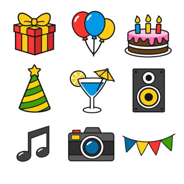 Bir parti hediyesi, balonlar, doğum günü pastası ve renkli kutlama temalı şenlik ikonları.