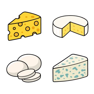 Çedar peyniri, brie peyniri, mozzarella peyniri ve beyaz arkaplanda mavi peynir çizimi.