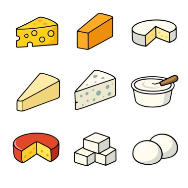 Peynirli çedar dilimi brie peyniri, parmesan dilimi, ekşi peynirli krem gouda peyniri, beyaz peynir ve renkli çizgi film tarzında mozzarella topları.